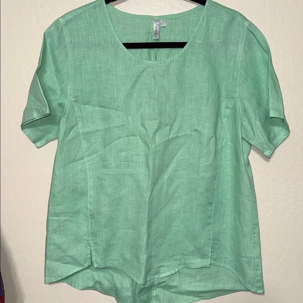 Kleen Womens Seafoam‎ Green Linen Short Sleeve Scoop Neck Blouse Top Size Medium